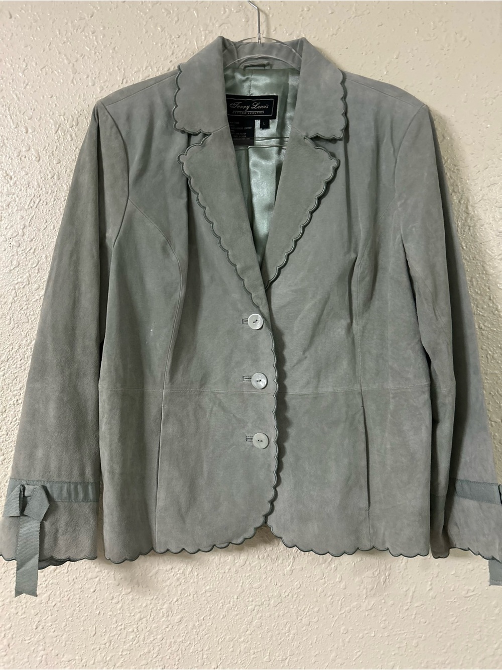 Jerry Lewis Light mint green Suede Scallop-Trim Blazer